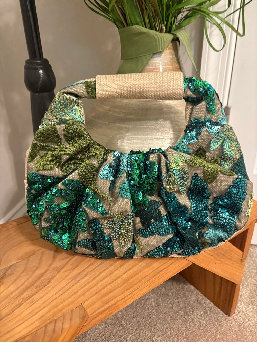 Sequined Green Leaf Mini Hobo Bag - Women's Fashion Handbag